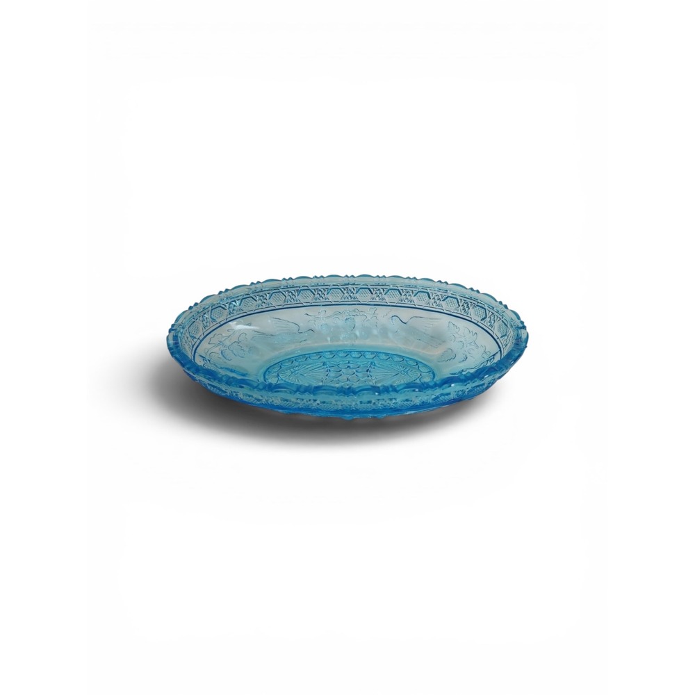 Indiana Glass Blue Pressed Oval Bowl Bird Berry Embossed Scalloped Edge 8.25in